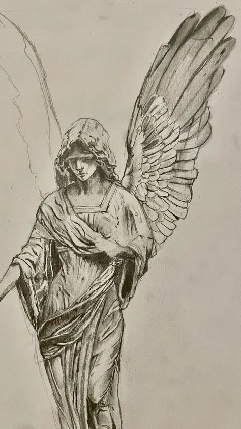 Statues Drawing, Statue With Wings, Greek Drawing, فنسنت فان جوخ, Art Statues, Woman Statue, Istoria Artei, Angel Drawing, Arte Inspo