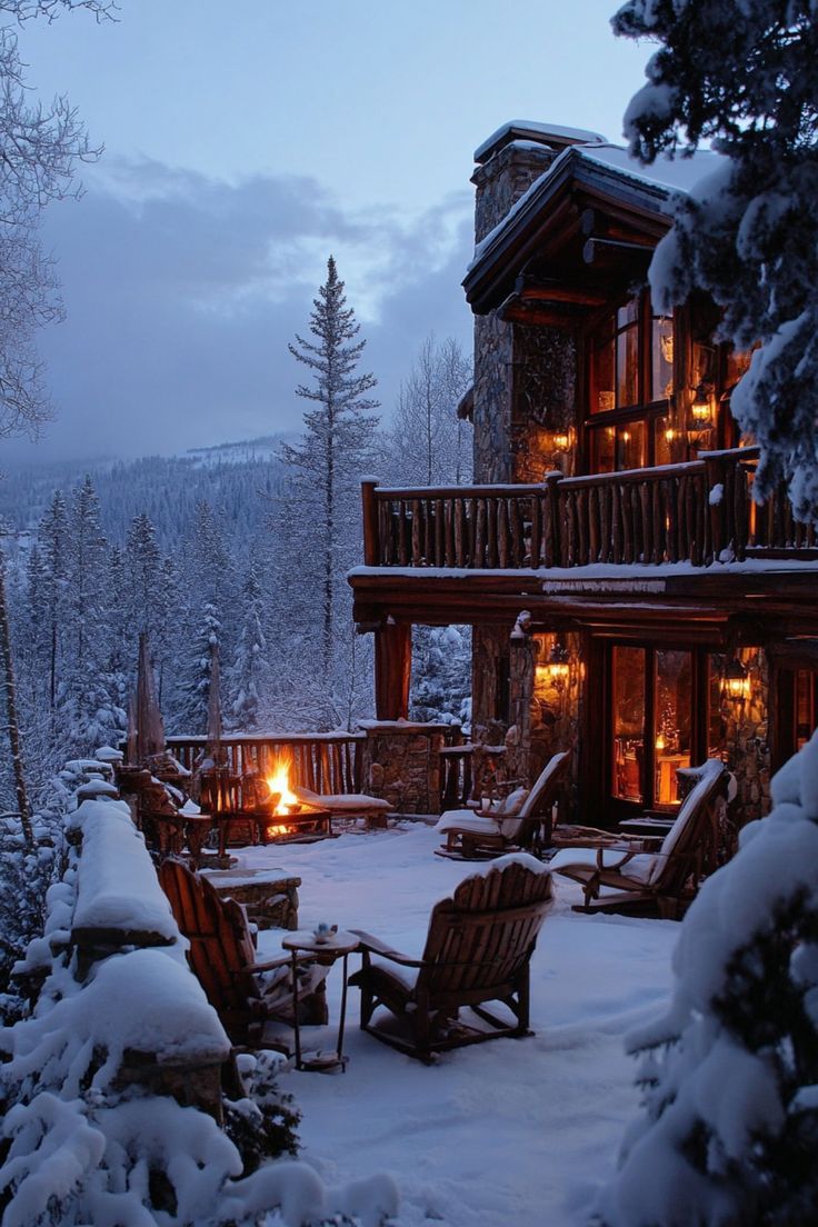 a cabin in the woods is lit up at night with snow on the ground and trees