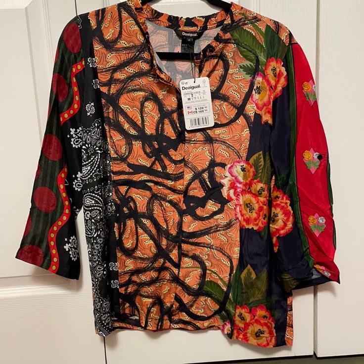 Brand New 100% Viscose Desigual Shirt Multicolor Print Long Sleeve Tops For Vacation, Casual Printed Blouse With 3/4 Sleeves, Multicolor Fall Vacation Shirt, Casual Printed Tops With 3/4 Sleeve, Casual Printed Top With 3/4 Sleeves, Multicolor Beach Shirt For Fall, Multicolor 3/4 Sleeve Vacation Blouse, Summer 3/4 Sleeve Tops With Graphic Print, Multicolor 3/4 Sleeve Blouse For Vacation