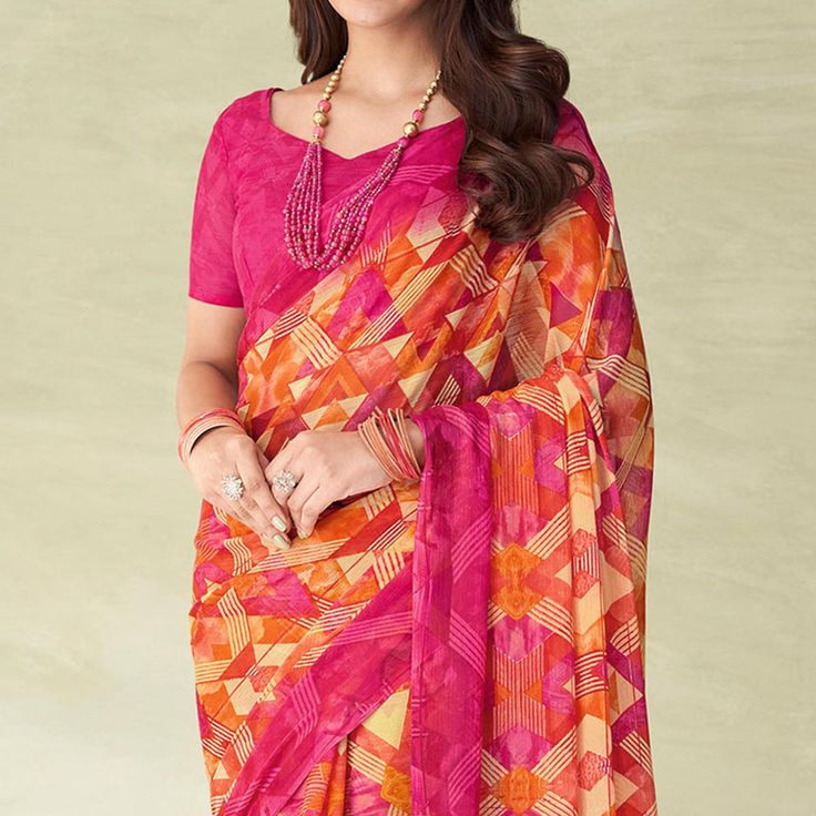 Yellow & Pink colored saree is made from chiffon fabric which is highlighted with beautiful printed work as shown. Comes along with unstitched chiffon blouse piece which you can customise as per your design/style. Occasion - You can wear this saree for casual and daily wear. Note:- the actual product may differ slightly in color and design from the one illustrated in the images when compared with computer or mobile screen. Measurements: Saree : Chiffon : 5.5 Mtrs Blouse : Chiffon : 0.8 Mtr Material: Chiffon Stitch Type: Unstitched Country of Origin: India Care Guide: Dry Clean Bollywood Chiffon Dupatta With Printed Border, Bollywood Style Chiffon Dupatta With Printed Border, Festive Multicolor Digital Prints In Georgette, Multicolor Georgette Blouse Piece With Digital Print, Multicolor Digital Print Blouse Piece In Georgette, Multicolor Digital Print Georgette Blouse Piece, Unstitched Chiffon Saree With Printed Border, Festive Georgette Saree With Printed Details, Festive Georgette Printed Saree