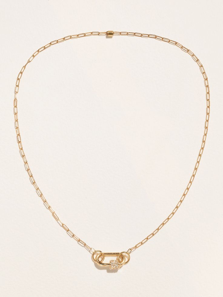 Marla Aaron's eponymous jewelry brand all started with a carabiner-inspired clasp. Handmade from 14-karat gold, this necklace features the signature design dusted with sparkling diamonds and centering a paperclip chain. Wear it layered with the brand's similar styles. Timeless 14k Gold Necklace With Lobster Clasp, Classic Chain Necklace With Spring Ring Clasp For Everyday, Modern Jewelry With Paperclip Chain Pendant, Timeless Jewelry With Chain Link And Lobster Clasp, Everyday Luxury Oval Link Paperclip Necklace, Fine Jewelry Paperclip Chain For Everyday Luxury, 14k Gold Chain Necklace With Lobster Clasp For Everyday, Luxury Paperclip Chain Necklace With Oval Link, Timeless Everyday Necklaces With Lobster Clasp