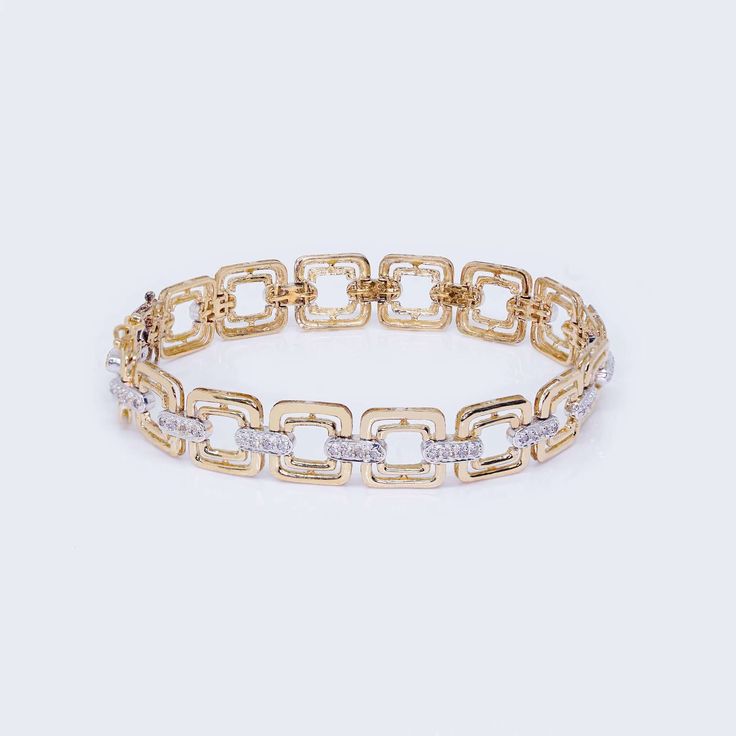 10K Gold Squared Diamond Link Bracelet Elegant Diamond Tennis Bracelet With Rectangular Shape, Diamond Bracelets With Rectangular Links For Anniversary, Anniversary Diamond Bracelet With Rectangular Links, Timeless Rectangular Diamond Bracelets, Formal Diamond Bracelet With Baguette Diamonds, Elegant Rectangular Diamond Cut Tennis Bracelet, Timeless Rectangular Diamond Bracelet, Luxury Rectangular Diamond Cut Bracelet, Formal Rectangular Diamond Cut Diamond Bracelet