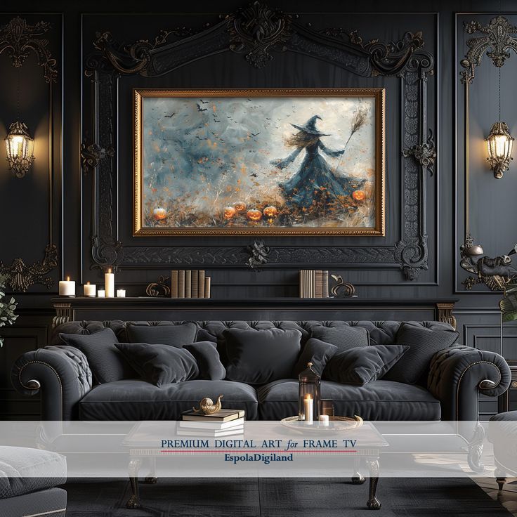 a living room filled with furniture and a painting on the wall above it's couch