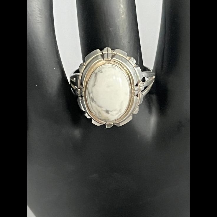 Beautiful Native American Crafted Sterling Silver Ring With Large Oval Shaped Buffalo Turquoise Stone. Size 8 And Signed 'B'. Very Typical Of Navajo Jewelry. Vintage White Oval Cabochon Ring, White Oval Bohemian Ring, Bohemian White Oval Rings, Bohemian White Oval Ring, White Cabochon Bohemian Rings, White Oval Cabochon Jewelry With Large Stone, Elegant Turquoise Ring With Natural Stones For Anniversary, Unique White Oval Cabochon Rings, White Turquoise Ring For Anniversary