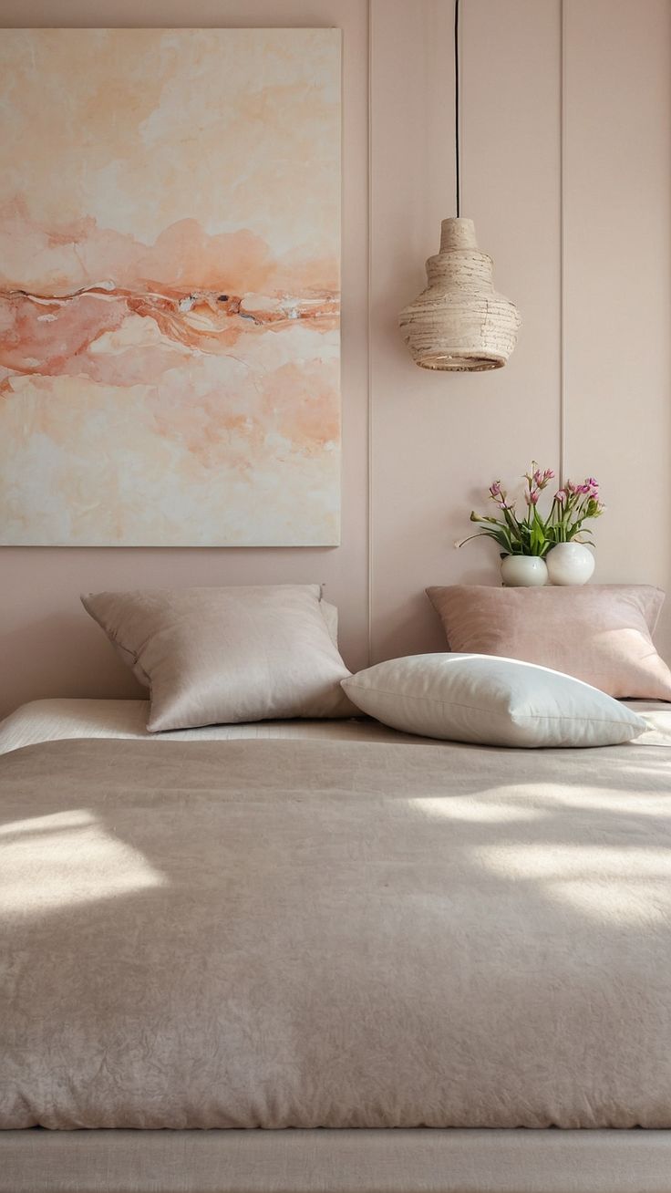 a bed with two pillows and a painting on the wall