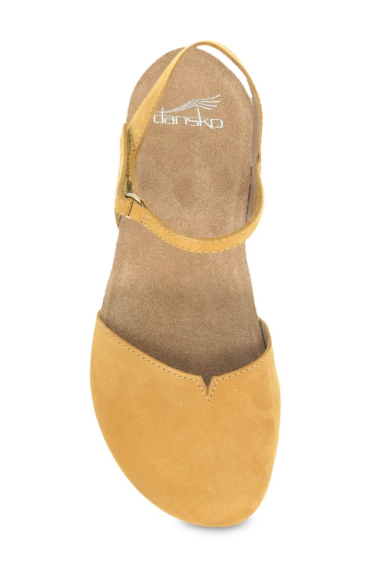 This chic flat with a closed toe puts the emphasis on breezy comfort with a memory foam insole that sits on top of a cork footbed for a lightweight feel. 1 1/4" heel; 1/2" platform (size 39) Adjustable hook-and-loop strap Memory foam cushioning Leather upper and lining/rubber sole Imported Fall Shoes With Dress 2024, Dansko Shoes Outfits, Closed Toe Dress Shoes, Closed Toe Sandals Summer, Mustard Shoes, Closed Toe Wedges, Leather Flats Women, Fall Flats, Chic Flats