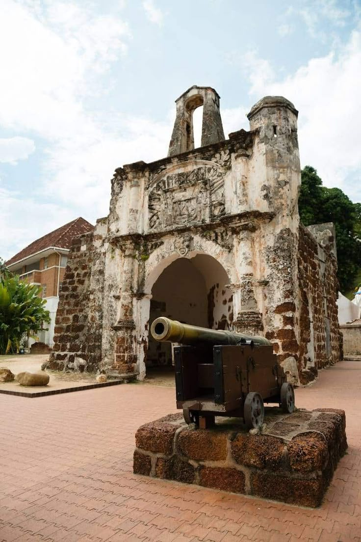 an old cannon sitting in front of a building