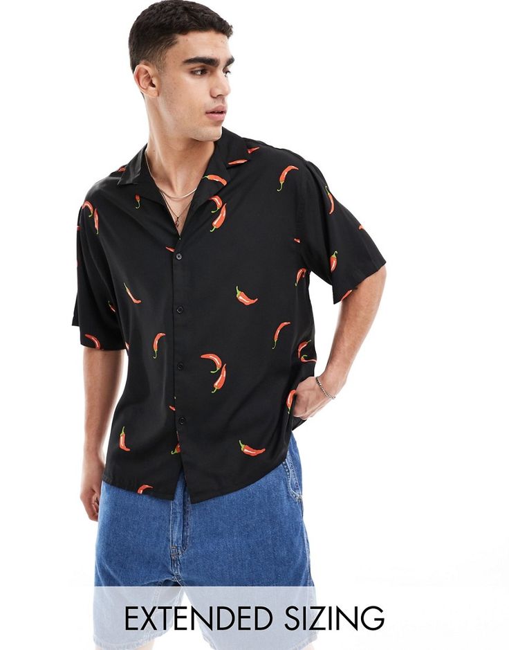 Shirts by ASOS DESIGN Your cart called, it wants this Chilli print Camp collar Button placket Short sleeves Oversized, boxy fit Patterned Casual Short Sleeve Shirt Relaxed Fit, Casual Relaxed Fit Patterned Short Sleeve Shirt, Casual Patterned Short Sleeve Shirt, Relaxed Fit, Casual Patterned Relaxed Fit Short Sleeve Shirt, Casual Collared Short Sleeve Printed Shirt, Casual Printed Collared Short Sleeve Shirt, Trendy Patterned Shirt With Relaxed Fit, Casual Patterned Printed Camp Shirt, Casual Graphic Print Button-up Shirt