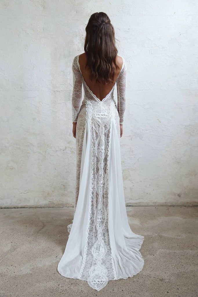 Bohemian Long Sleeve Lace Wedding Dress Beach Bridal Gown,WW152 – winkbridal Lace Wedding Dress Beach, Boho Wedding Dress With Sleeves, Wedding Dress Beach, Backless Lace Wedding Dress, Bohemian Wedding Dress Lace, Back Wedding Dress, Boho Chic Dress, Grace Loves Lace, Bohemian Wedding Dress