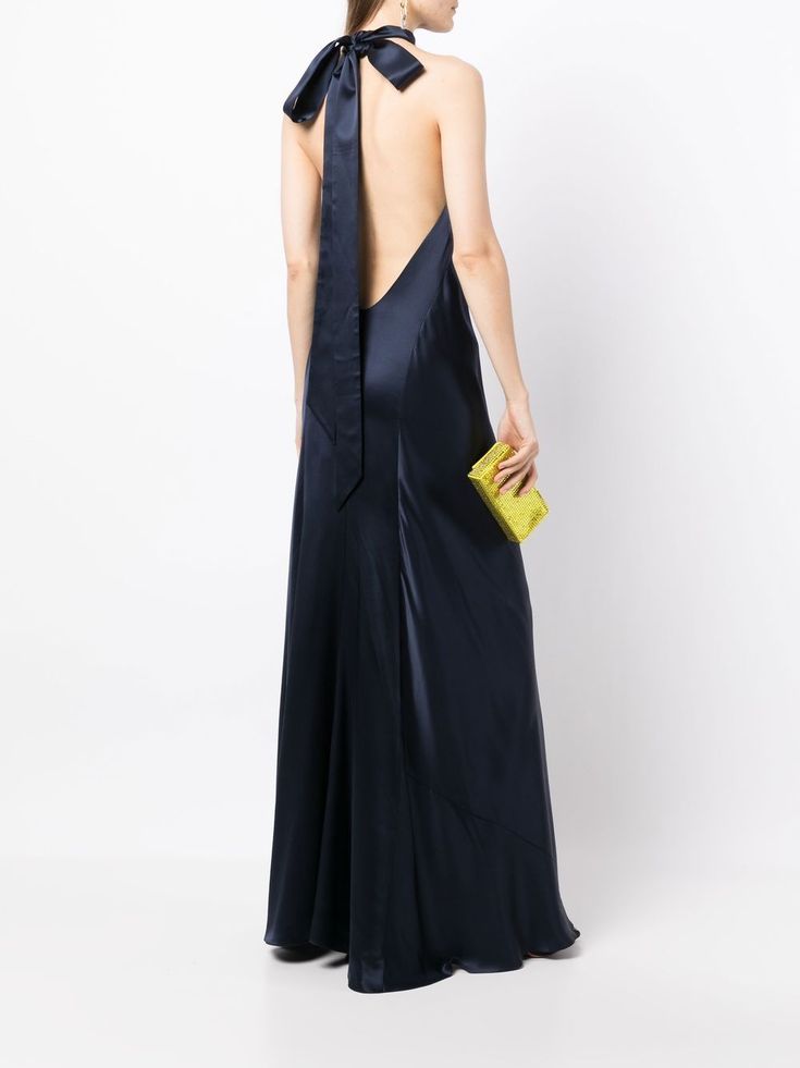 Find MICHELLE MASON Backless Halter-neck Tie Gown on Editorialist. midnight blue silk satin finish backless halterneck tie fastening sleeveless long length Maxi Halter Dress Formal, Halter Neck Dress Pattern, Halter Dress Formal, Formal Chic, Vestidos Halter, Gown Blue, Long Halter Dress, Haute Couture Gowns, Backless Evening Dress