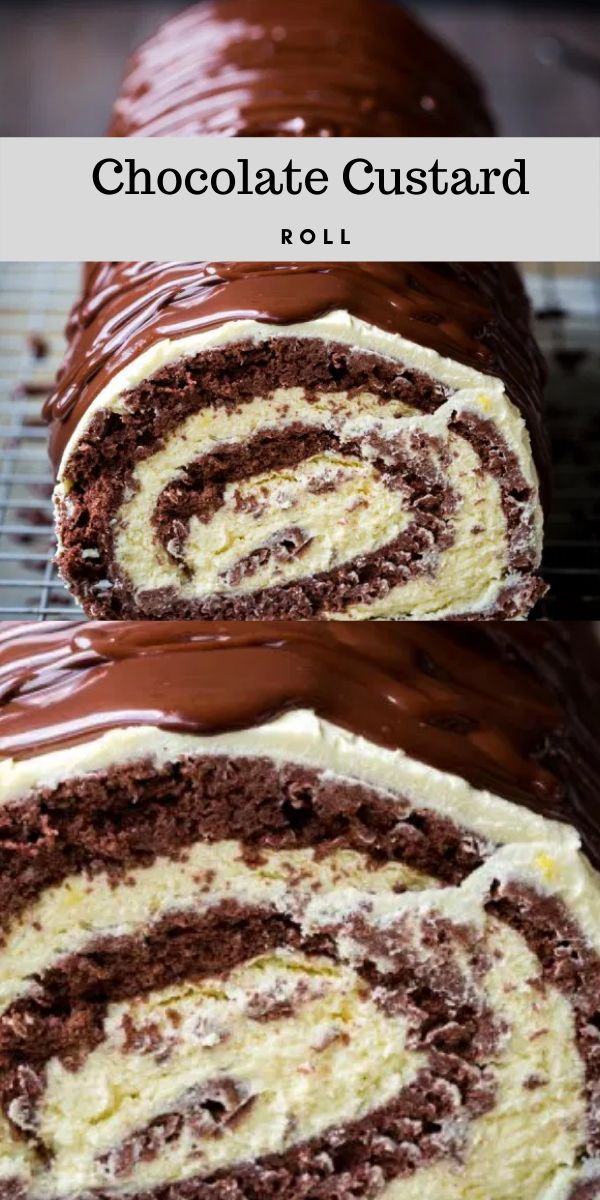 chocolate custard roll on a cooling rack with text overlay that reads, chocolate custard roll