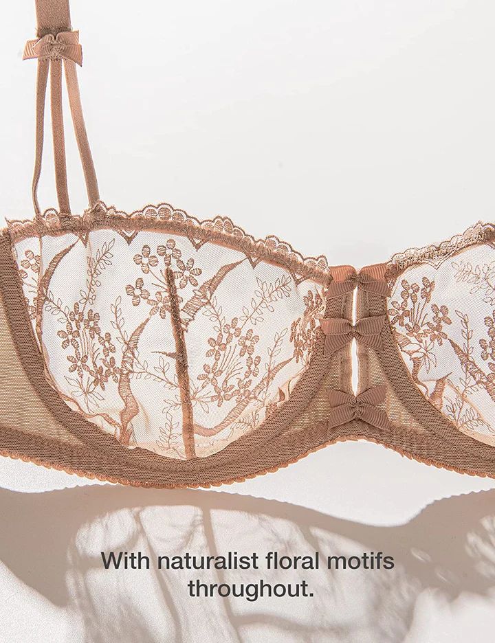 Embroidered Lace Unlined Bra Demi Sheer See Through Underwire Bras – WingsLove Unlined Bra With Underwire, Fitted Floral Embroidery Bra, Fitted Beige Bra With Lace Trim, Fitted Beige Lace Trim Bra, Elegant Brown Underwire Bra, Fitted Brown Underwire Bra, Demi Bras, Lace Bra Top, Underwire Bras