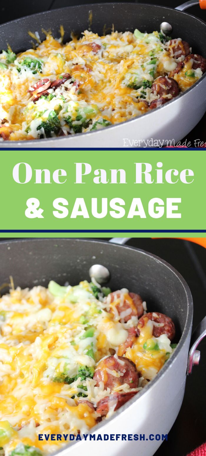 one pan rice and sausage casserole with broccoli in it is ready to be eaten