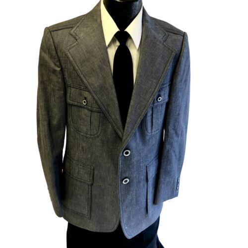 (eBay) Find many great new & used options and get the best deals for Vtg 70's Blue Jean Sport Coat ATOMC Hollywood FLECK Jacket LEISURE Denim Blazer at the best online prices at eBay! Free shipping for many products! Fitted Single Breasted Utility Jacket With Lapel Collar, Denim Blue Single Breasted Outerwear With Lapel Collar, Fitted Utility Jacket With Welt Pockets For Spring, Fitted Spring Utility Jacket With Welt Pockets, Fitted Notch Lapel Outerwear With Buttoned Pockets, Fitted Denim Blue Outerwear With Notch Lapel, Classic Denim Jacket With Notch Lapel And Pockets, Fitted Spring Sport Coat With Patch Pockets, Classic Denim Blue Blazer With Pockets