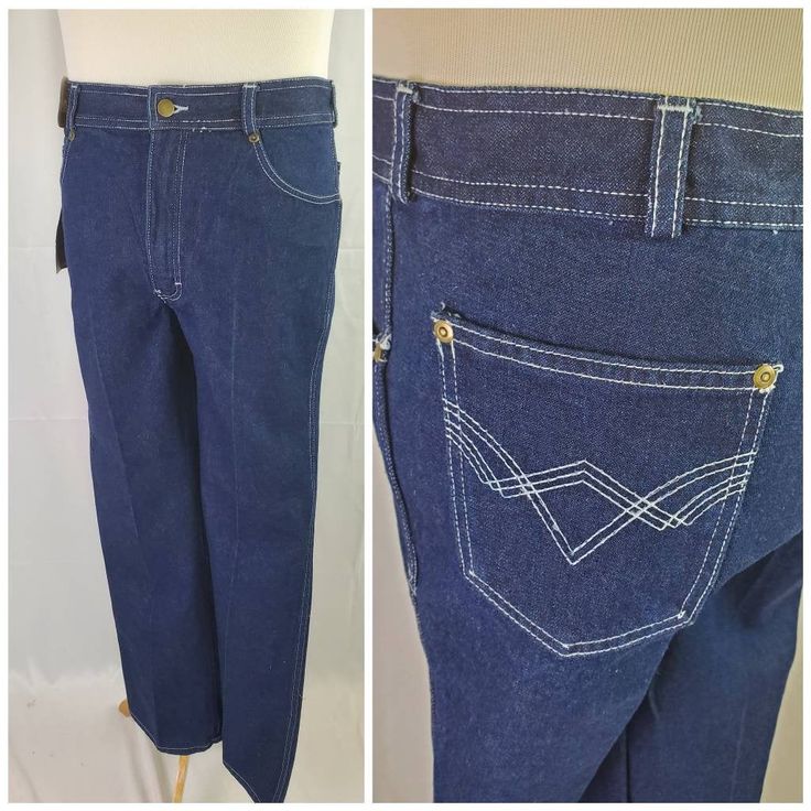 jeans vintage 80s made by Andre Dumas dark wash white stitching 100% cotton zipper and button closure 2 front and 2 back pockets and change pocket legs are wide and straight small grommets on pockets SIZE TAG READS 34 x 32 they measure true to size EXCELLENT VINTAGE CONDITION brand new, no wear THESE ARE A GREAT PAIR OF JEANS!! 1980s Jeans, 80s Denim, Denim Pants, Size Tag, Mens Jeans, Stitching, Brand New, Zipper, Pants