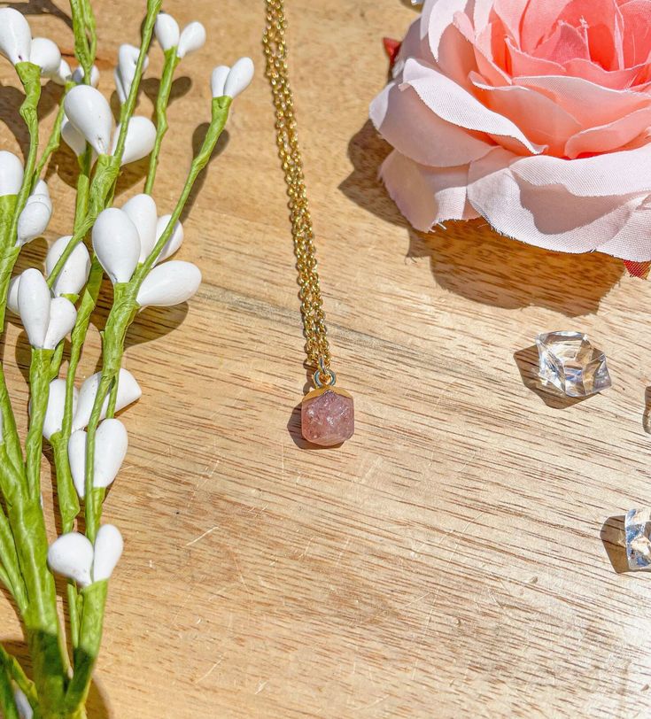 Dainty Gold Strawberry Quartz Necklace Mother's Day Gift - Etsy Everyday Delicate Necklaces With Natural Stones, Raw Stone Crystal Pendant Necklace Gift, Gift Crystal Pendant Necklace With Raw Stone, Dainty Rose Gold Crystal Necklace As Gift, Dainty Natural Stones Necklace For Her, Dainty Rose Gold Crystal Necklace For Gift, Dainty Natural Stones Necklace For Gift, Rose Quartz Pendant Necklace For Healing, Spiritual Pink Charm Necklace As Gift