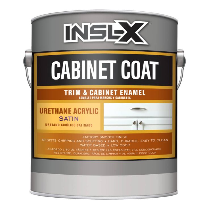 a white paint can with an orange stripe on the side and black lettering that reads, cabinet coat trim & cabinet enamel