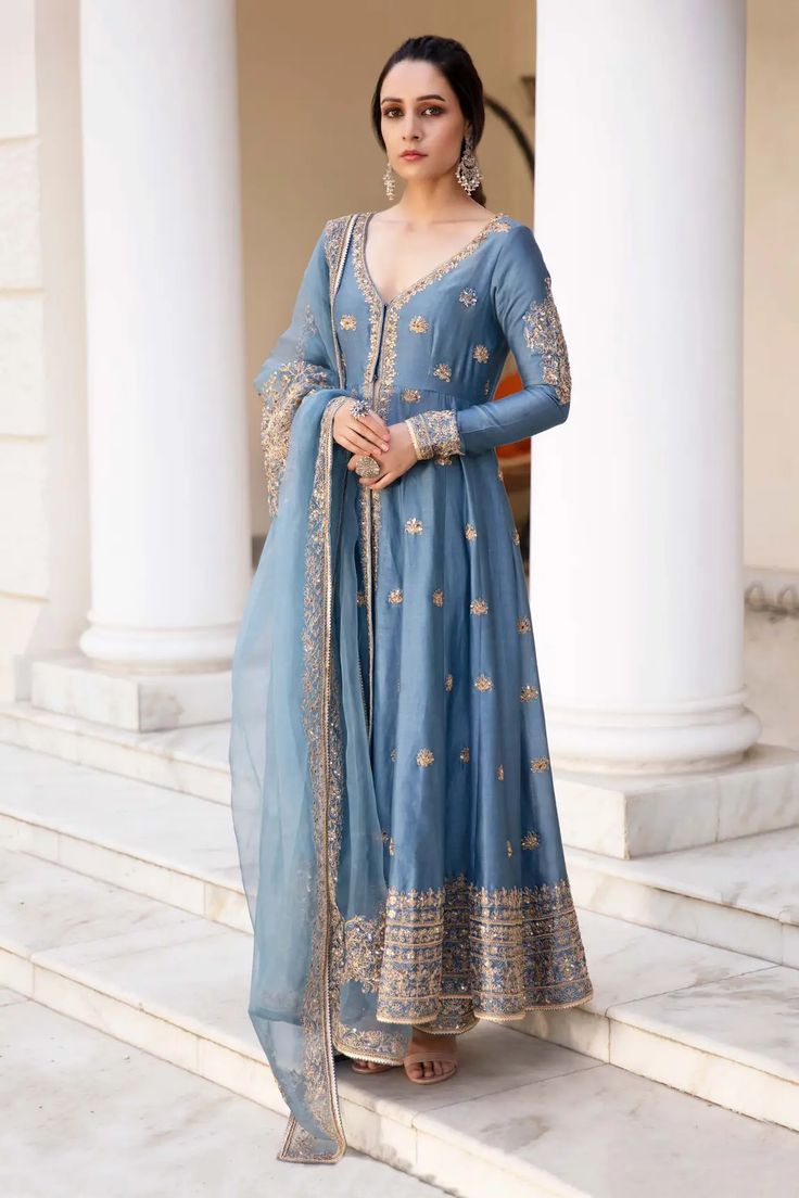 Buy Megha & Jigar Blue Embroidered Chanderi Kurta Set Online | Aza Fashions Blue Jacket Style, Nida Azwer, Anamika Khanna, Blue Kurta, Moonlit Night, Indian Dresses Traditional, Traditional Indian Outfits, Indian Dress, Indian Suits