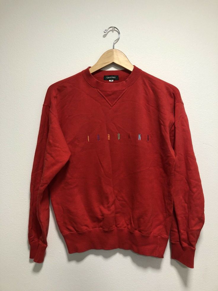 Vintage Giordano Sweatshirt Spellout Red SZ Small. Condition is "Pre-owned". Shipped with USPS Priority Mail Padded Flat Rate Envelope. Vintage Red Crew Neck Tops, Red Cotton Crew Sweatshirt, Retro Red Cotton Sweatshirt, Red Retro Cotton Sweatshirt, Vintage Red Cotton Sweatshirt, Vintage Red Crew Sweatshirt, Red Vintage Crew Sweatshirt, Priority Mail, Envelope