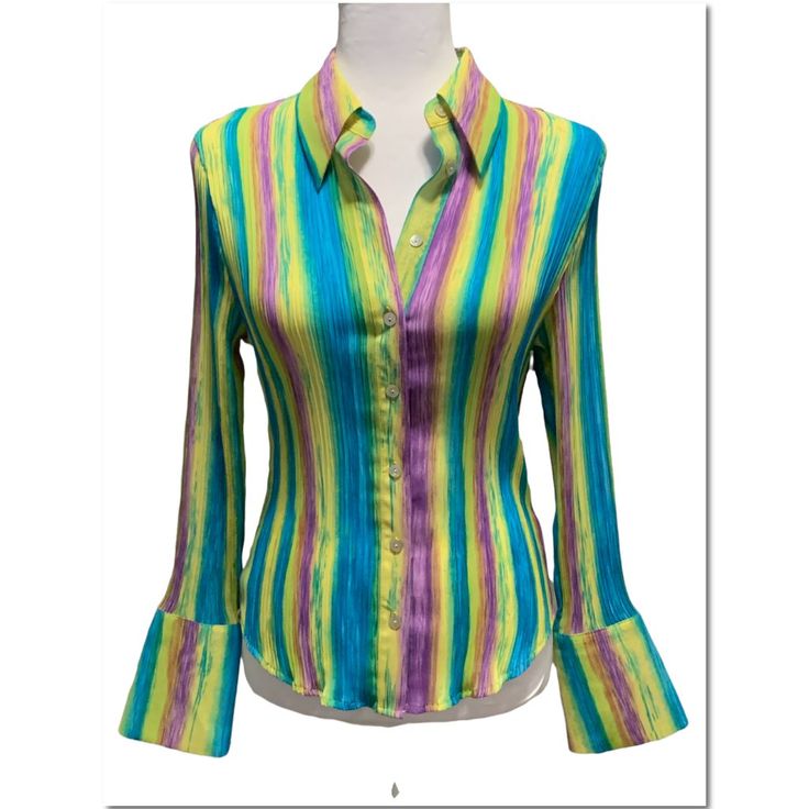 Le Caviar Lightweight Colorful Striped Pleated Button Down Slightly Sheer Blouse With Shell Buttons Long Sleeves Oversized Cuffs Size Medium New With Tags - Extra Buttons Approximate Measurements: Underarm To Underarm - 15" Length - 23" All Items Are Stored In A Clean And Smoke Free Environment Cl Chic Multicolor Shirt With Button Closure, Colorful Fitted Casual Blouse, Casual Fitted Colorful Blouse, Trendy Multicolor Blouse With Button Closure, Spring Multicolor Blouse With Button Closure, Fitted Multicolor Shirt For Spring, Multicolor Blouse With Button Closure For Spring, Multicolor Blouse With Button Closure, Fitted Multicolor Blouse With Buttons