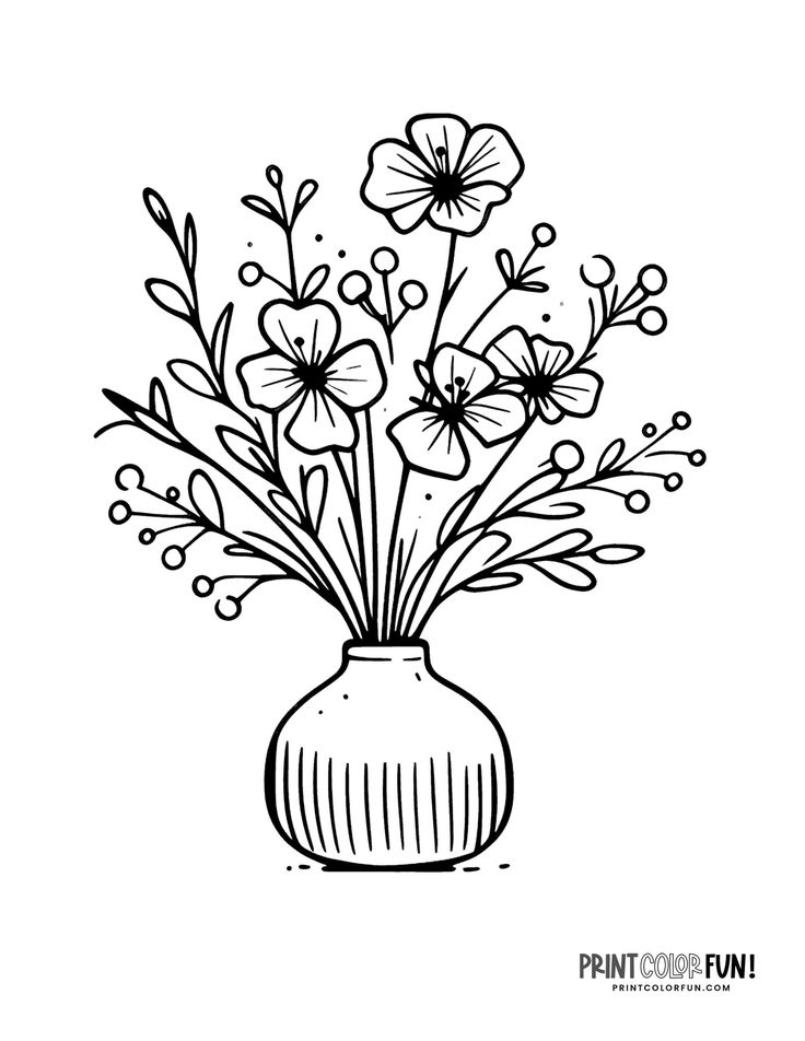 a black and white drawing of flowers in a vase