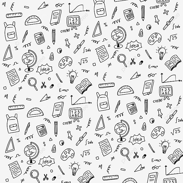 black and white hand drawn doodles on paper with school supplies, books, pencils, etc