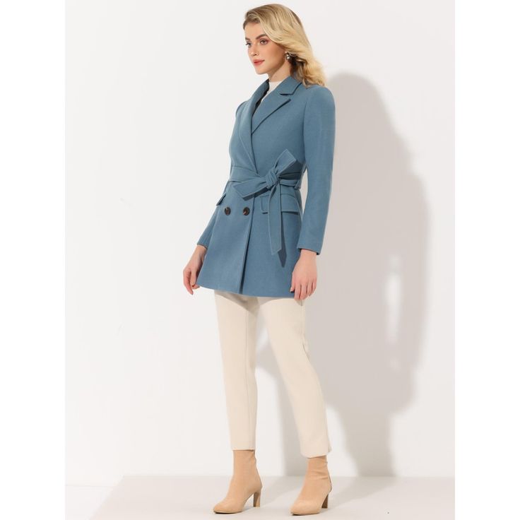 The long trench coat is shaped in a classic double-breasted cut. This soft, elegant coat with a tie around the waist detail is a classic look and will keep you warm in the cool weather. Whether you want to dress up your look or just stay warm in casual winter, it is a better choice for you. The self-tie belt style is flattering and fits more different body shapes. Elegant Pea Coat With Belted Cuffs For Work, Chic Pea Coat With Belted Cuffs For Formal Occasions, Chic Formal Pea Coat With Belted Cuffs, Elegant Office Pea Coat With Belted Cuffs, Elegant Pea Coat With Belted Cuffs And Long Sleeves, Spring Double-breasted Wool Coat, Spring Wool Coat For Office With Belted Cuffs, Elegant Double-breasted Belted Wool Coat, Spring Wool Coat With Belted Cuffs For Office