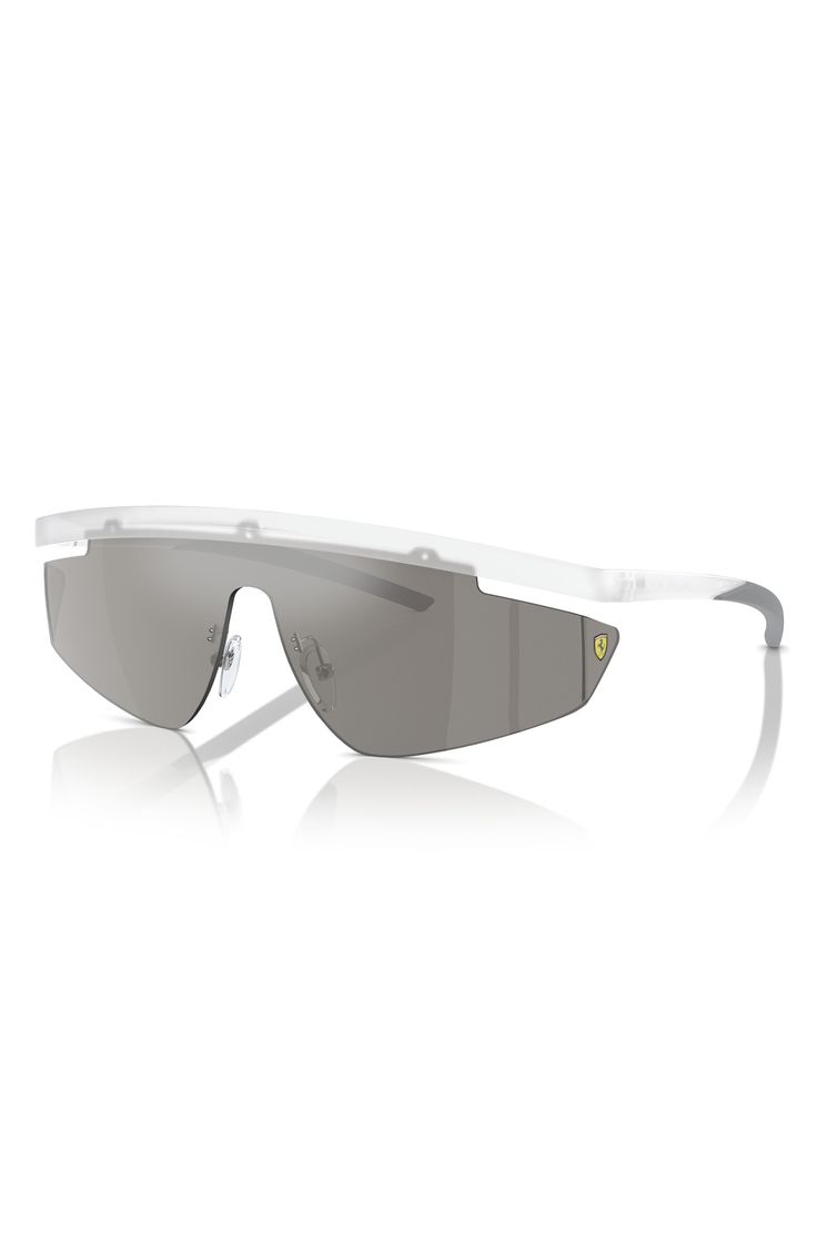 A wrapped shield silhouette enhances the fit of racer-inspired sunglasses featuring the iconic Ferrari logo and rubber-tipped temples. 140mm lens width; 0mm bridge width; 140mm temple length 100% UV protection Adjustable nonslip nose pads Plastic Made in Italy Futuristic Outdoor Shield Sunglasses With Tinted Lenses, Modern Rimless Polycarbonate Shield Sunglasses, Futuristic Shield Sunglasses With Anti-reflective Coating For Streetwear, Futuristic Anti-reflective Shield Sunglasses For Streetwear, Rimless Clear Shield Sunglasses With Uva Protection, Futuristic Shield Sunglasses With Gradient Lenses For Outdoor, Clear Rimless Shield Sunglasses With Uva Protection, Futuristic Outdoor Shield Sunglasses With Anti-reflective, Futuristic Anti-reflective Shield Sunglasses For Outdoor