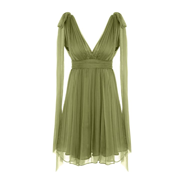 Giselle green silk short elegant dress - a limited edition premium model.  This is made of ocher green natural silk veil, it has a V-neckline and accentuated waist making it a refined and attractive dress. Adjustable bows on the shoulders add a seductive and modern touch, the closure is made with a zipper at the back, the dress is doubled. 100% silk dry clean Chic Dark Green V-neck Dress, Green Mini V-neck Evening Dress, Dark Green Evening Dress For Summer, Elegant Green V-neck Mini Dress, Dark Green Summer Evening Dress, Dark Green Evening Dress For Spring, Formal Dark Green V-neck Dress, Green Silk V-neck Evening Dress, Elegant Olive Dress For Formal Occasions