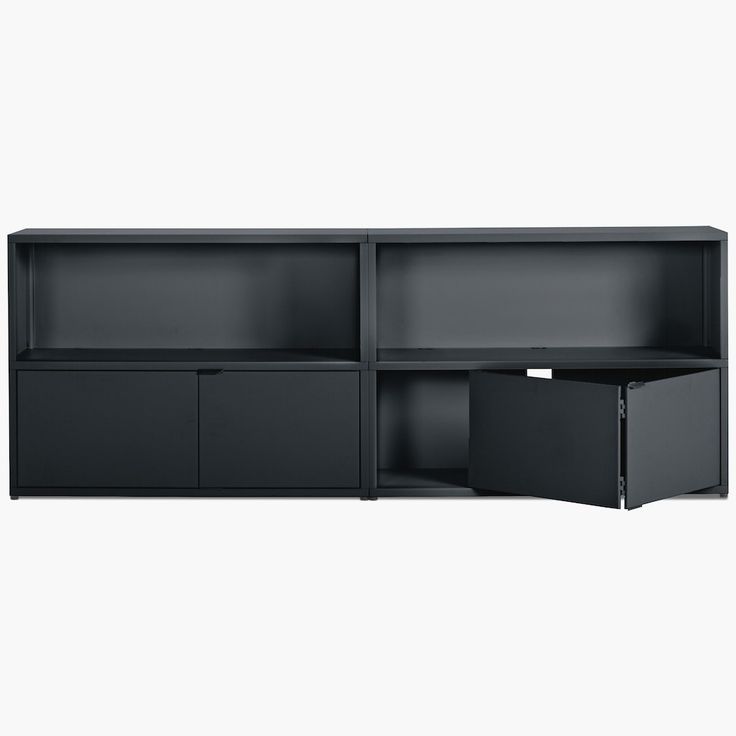 a black shelf with two drawers and one door open