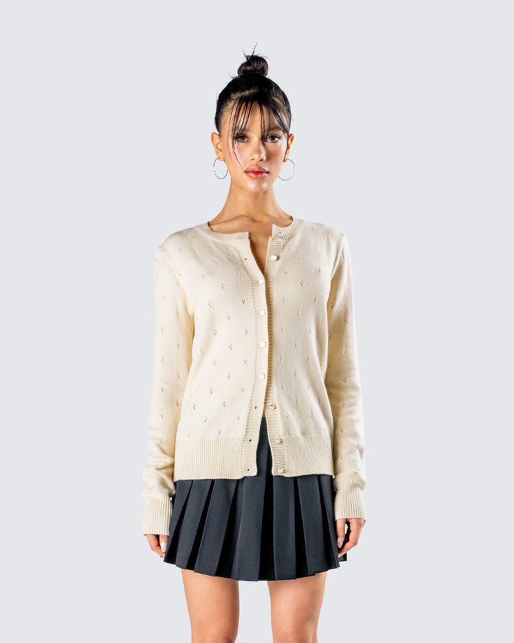 This ain't your grandma's cardigan 😜 Constructed from fully fashioned sweater knit, and complete with a jacquard knit pattern, round crew neck line, rib knit on center front placket, neckband, hem band, sleeve cuffs, and vintage mother of pearl inspired buttons 🤍 Classic Pointelle Knit Cardigan For Fall, Classic Cream Cardigan With Pointelle Knit, Classic Jacquard Knit Cardigan For Fall, Fall Crew Neck Cardigan With Pointelle Knit, Classic Textured Knit Crew Neck Cardigan, Cream Crew Neck Cardigan, Crew Neck Cardigan For Fall Daywear, Fall Crew Neck Sweater For Daywear, Fall Daywear Crew Neck Sweater