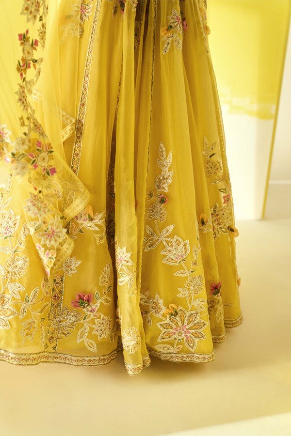 Ridhi Mehra | Lahya Yellow Embroidered Lehenga Set | INDIASPOPUP.COM Lehenga And Blouse, Yellow Wedding Dress, Indian Wedding Dresses, Ridhi Mehra, Modern Gown, Yellow Lehenga, Desi Bride, Embroidered Crop Tops, Draped Blouse