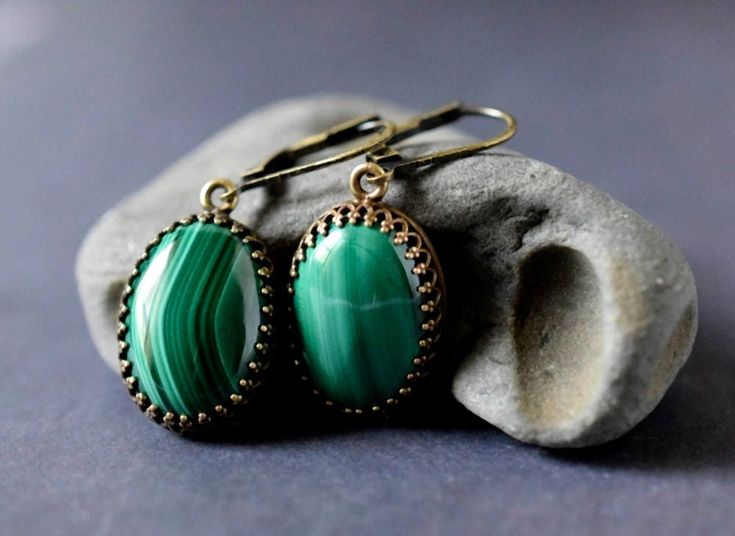 "Malachite Earrings - Cabochon Emerald Green Earrings - Antique Gold Bezel - Gemstone Jewelry - Personalized Gift .. .. .. Gorgeous artisan handcrafted natural stone malachite earrings feature brilliantly polished cabochon malachite gemstones. Rich lush forest green, emerald, and light green hues display unique striped patterns. Each stone is extremely beautiful high quality Grade B. I carefully hand set each gemstone in high quality open back crown trim edged styled antiqued gold brass plated b Elegant Green Onyx Earrings For Gift, Elegant Green Agate Earrings, Green Onyx Jewelry With Matching Earrings, Elegant Green Malachite Jewelry, Elegant Green Onyx Jewelry Gift, Elegant Green Onyx Jewelry For Gift, Jade Cabochon Earrings As A Gift, Green Onyx Drop Earrings For Gifts, Green Earrings With Natural Stones As Gift