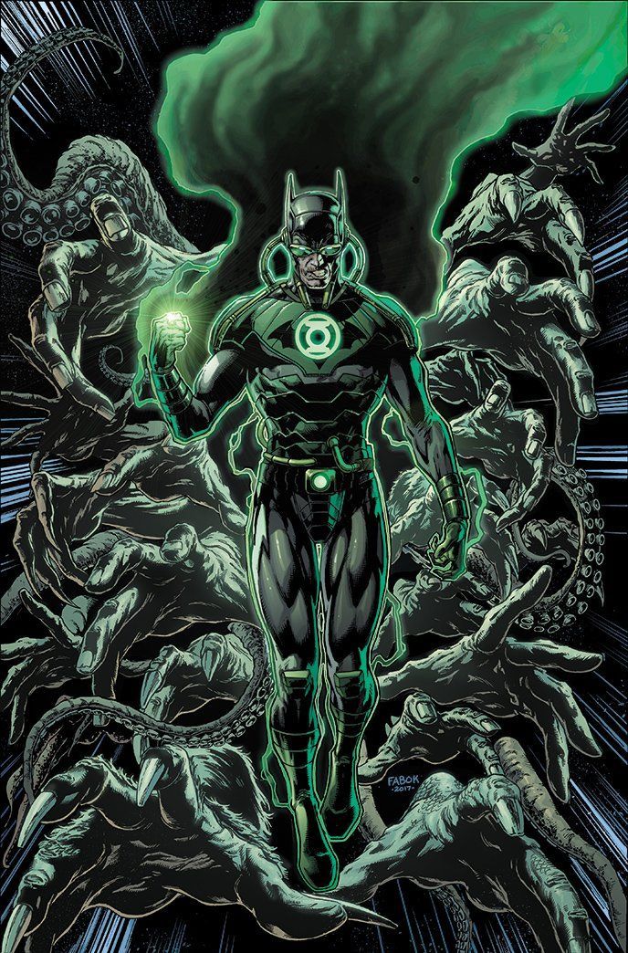 the green lantern is standing in front of an alien like creature