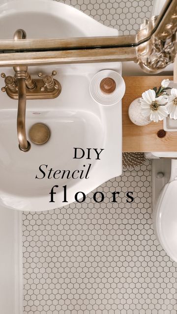 an overhead view of a bathroom sink with the words diy stencil floors above it