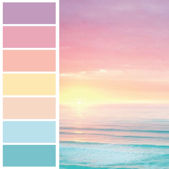 an ocean scene with pastel colors in the sky