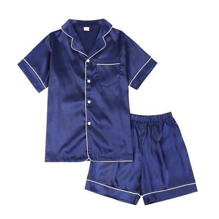 Gyratedream 4-14Y Child Boy Girl Silk Satin Pajamas Set,Short Sleeve Tops+Shorts Sleepwear Suit Size: 7-8T.  Color: Blue.  Gender: male.  Age Group: kids. Silk Pajamas Shorts, Pyjama Satin, Silk Nightwear, Loungewear Outfits, Silk Sleepwear, Pajamas Sets, Silk Pajama Set, Satin Pyjama Set, Blouse Pants