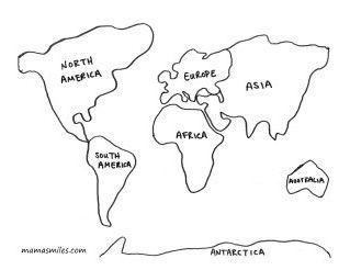 a drawing of the world map with countries labeled in black and white, on a white background