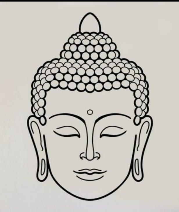 the outline of a buddha head in black and white, with circles on its forehead