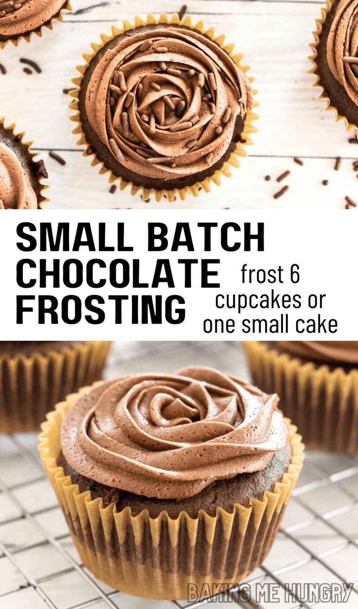 chocolate frosted cupcakes on a cooling rack with text overlay that reads small batch chocolate frosting