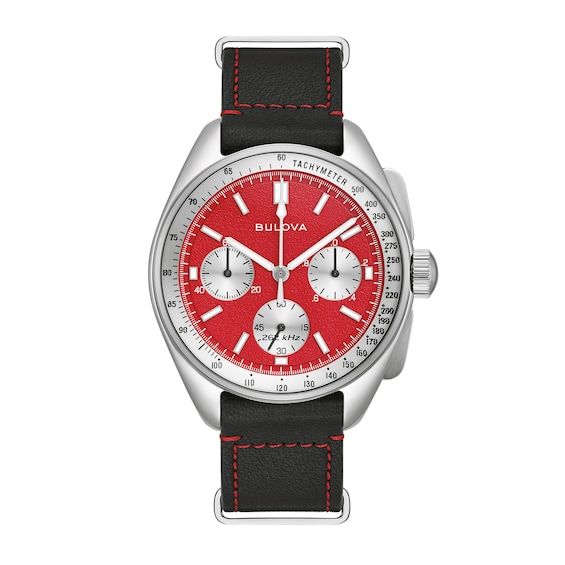 This Lunar Pilot chronograph watch brings the past to the present with a design from space exploration history, perfect for the modern adventurer. The vibrant red dial is inspired by the tone of the moon during a total lunar eclipse, sometimes referred to as a “blood moon” Luminous silver-toned hands and markers, and three “panda” style chronograph sub-dials 43.5mm stainless steel case with flat sapphire crystal and a tachymeter ring Powered by proprietary high precision 262kHz quartz technology Classic Red Chronograph Watch For Formal Occasions, Red Chronograph Watch With Tachymeter For Formal Occasions, Red Chronograph Watch For Formal Occasions, Red Analog Display Watches For Outdoor, Formal Red Watch Accessories With Analog Display, Classic Red Chronograph Watch Accessories, Red Analog Display Watch For Outdoor, Red Business Watch With Analog Display, Formal Red Watch With Analog Display