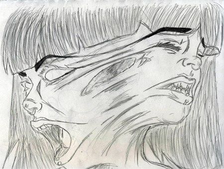 a pencil drawing of two people with their mouths open and one woman's face partially obscured by her hair