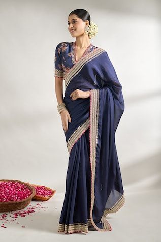 Blue saree with gold lace, gota embroidered border. Paired with floral print padded blouse and a petticoat. - Aza Fashions Saree Chiffon, Gopi Vaid, Lace Saree, Padded Blouse, Embroidered Border, Blue Saree, Gold Lace, Lace Border, Sarees Online