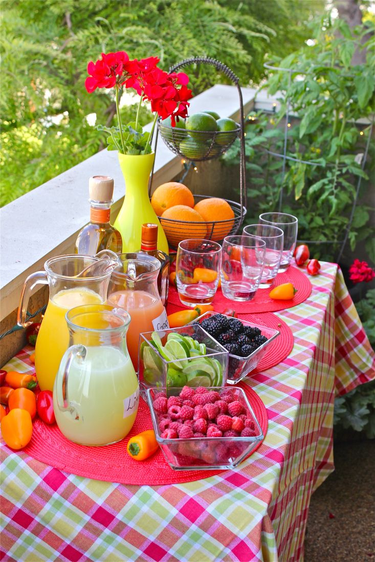 the table is set with fruit and drinks for an outdoor party or gathering in the garden