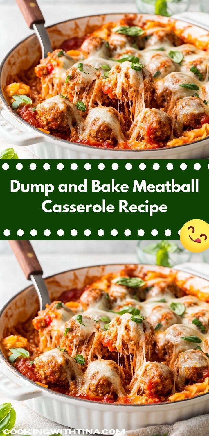 two images showing how to make dump and bake meatball casserole recipe