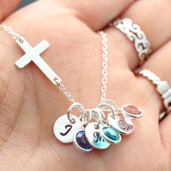 Sterling Sideways Cross Necklace Family Birthstone and by MonyArt Silver Cross Jewelry With Birthstone, Sterling Silver Cross Necklace With Birthstone, Mother's Day Gift Birthstone Necklace In Sterling Silver, Mother's Day Gift Sterling Silver Birthstone Necklace, Silver Birthstone Necklace For Gift, Sterling Silver Birthstone Necklace For Mother's Day Birthday, Silver Charms Jewelry For May Birthstone, Mother's Day Sterling Silver Birthstone Necklace For Birthday, Personalized Cross Jewelry For Birthday Gift