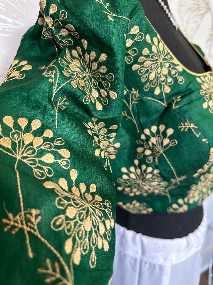 Bottle green Pure silk blouse blouse- with hand embroidered designs on neck and sleeve . sleeve -11 inches. well made blouses begins size 36 goes up to 44 . Lined padded blouses. Ships from Texas 💐 Red Velvet Blouse, Readymade Blouses Online, Velvet Blouses, Readymade Blouse, Blouse Online, Green Silk, Embroidered Blouse, Embroidered Design, Silk Blouse