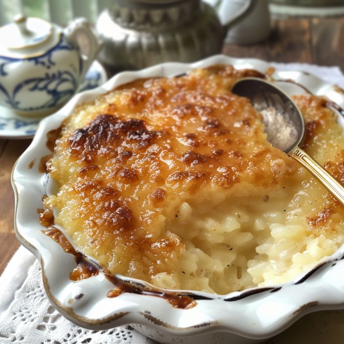 a bowl filled with mashed potatoes on top of a table next to a teapot