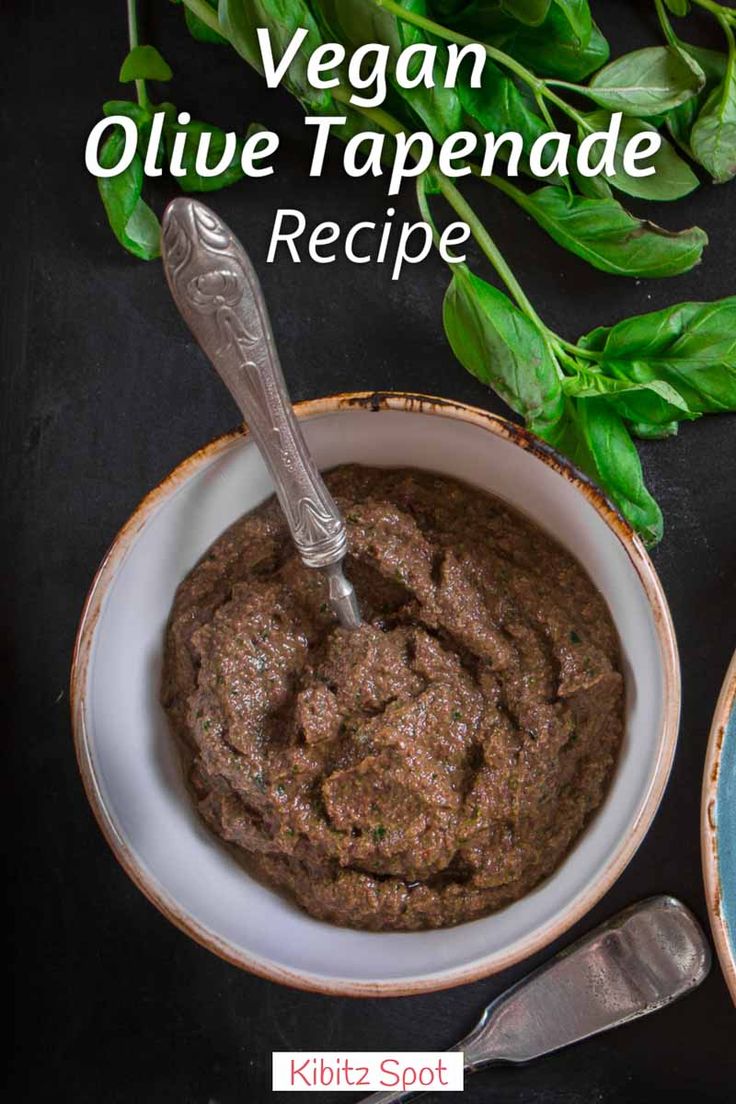 vegan olive tapeenade recipe in a bowl with spoon