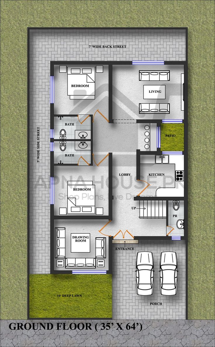 the ground plan for a house with three bedroom and two bathrooms, which are located on one